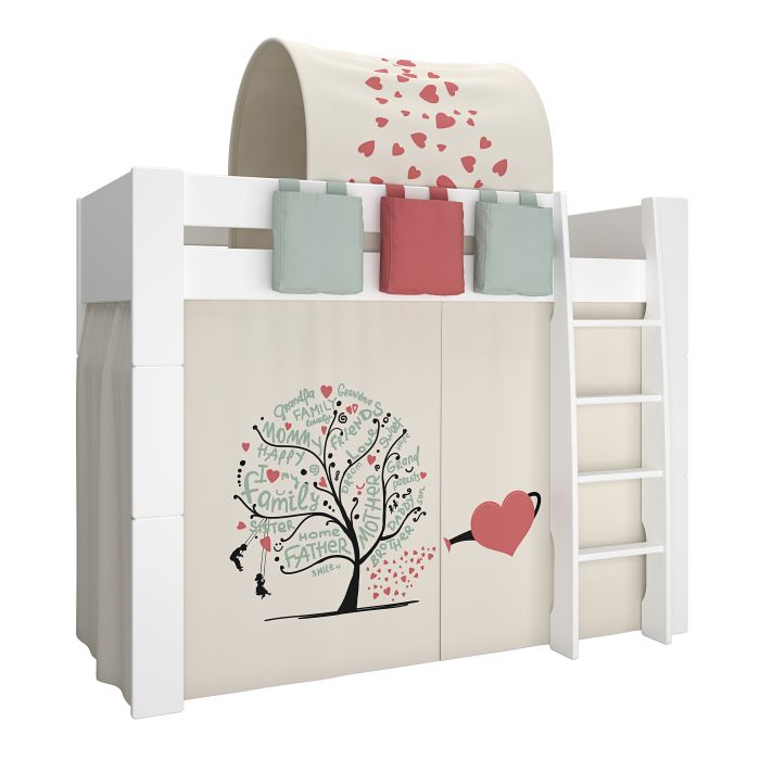 Steens for Kids High Sleeper in Folkestone Grey, Includes - Tree of Life Tent + Tunnel + 2 Pockets in Green + 1 Pocket in Red