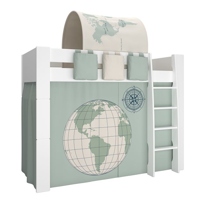 Steens for kids High Sleeper Incl. World Tent + Tunnel + 2 Pocket in Green + 1 Pocket in Sand in Whitewash Grey Brown Lacquered