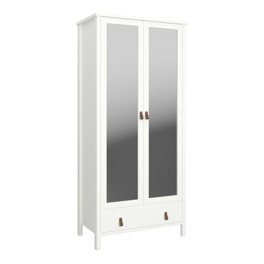 Tromso Wardrobe with 2 Mirror Doors 1 Drawer in White with Leather Handles Off White