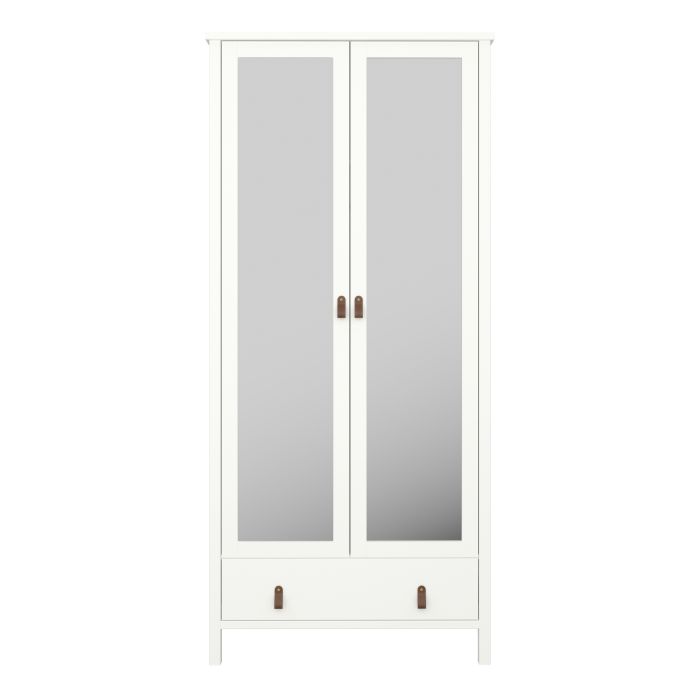 Tromso Wardrobe with 2 Mirror Doors 1 Drawer in White with Leather Handles Off White