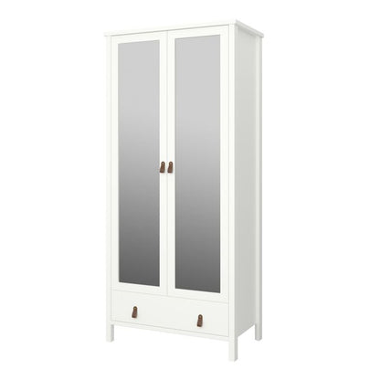 Tromso Wardrobe with 2 Mirror Doors 1 Drawer in White with Leather Handles Off White