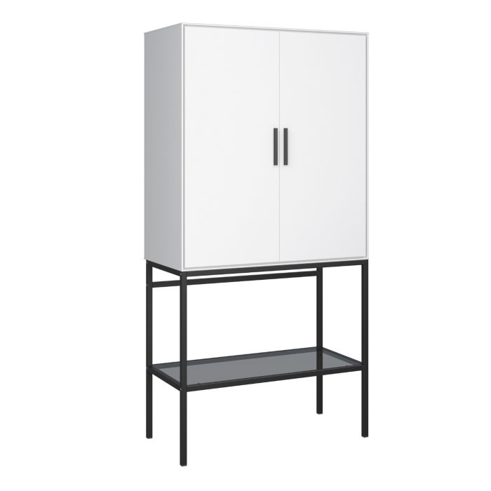 Slimline 2 Door Tall Cabinet in Pure White with Steel Black Legs