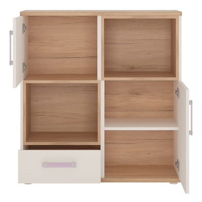 4KIDS 2 Door 1 Drawer Cupboard with 2 Open Shelves with Lilac Handles