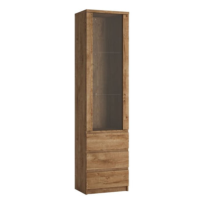 Fribo Tall Narrow 1 Door 3 Drawer Glazed Display Cabinet in Oak