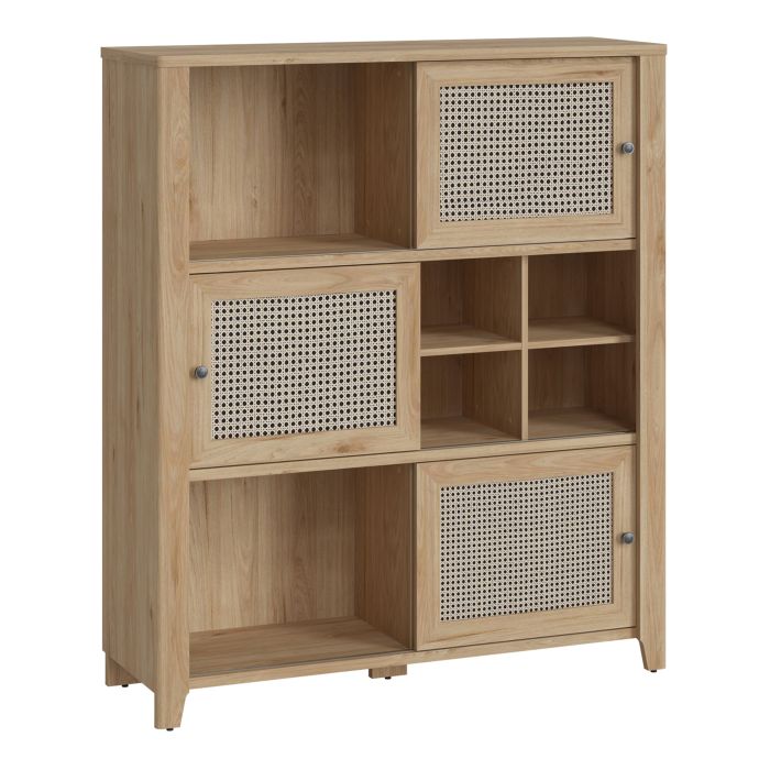 Cestino 3 Sliding Door Cabinet in Jackson Hickory Oak and Rattan Effect