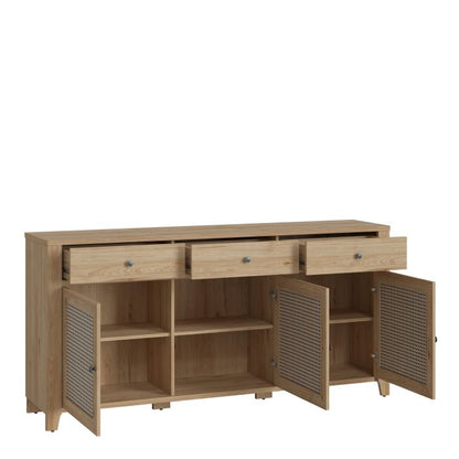 Cestino 3 Door 3 Drawer Sideboard in Jackson Hickory Oak and Rattan Effect