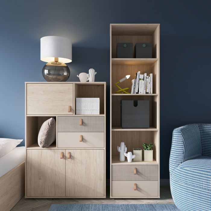 Denim 3 Door 2 Drawer Cabinet in Light Walnut, Grey Fabric Effect and Cashmere