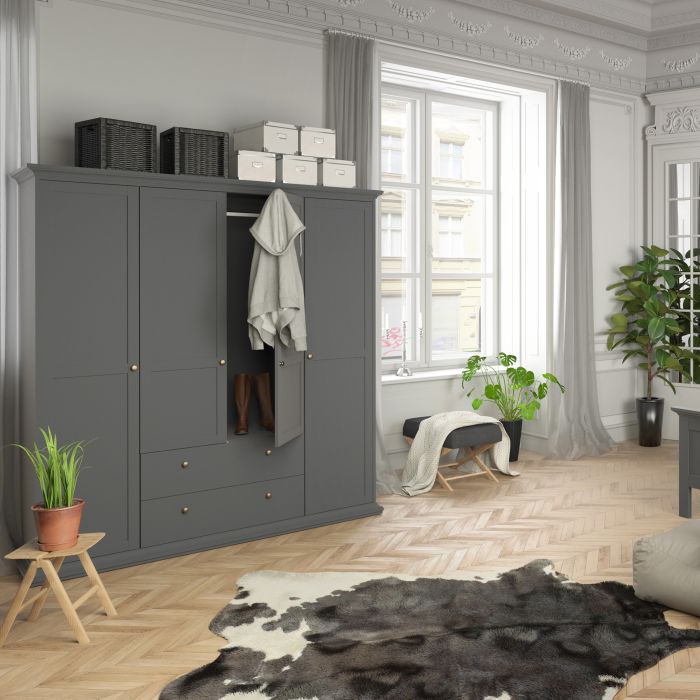 Paris Wardrobe with 4 Doors and 2 Drawers in Matt Grey