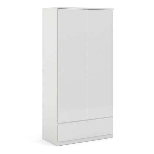 Naia Wardrobe with 2 Doors 1 Drawer in White High Gloss