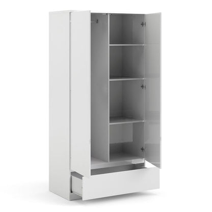 Naia Wardrobe with 2 Doors 1 Drawer in White High Gloss