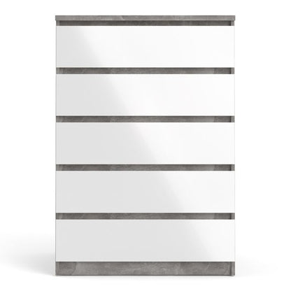 Naia Chest of 5 Drawers in Concrete and White High Gloss