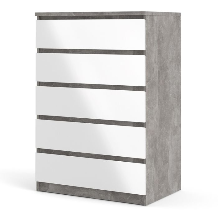 Naia Chest of 5 Drawers in Concrete and White High Gloss