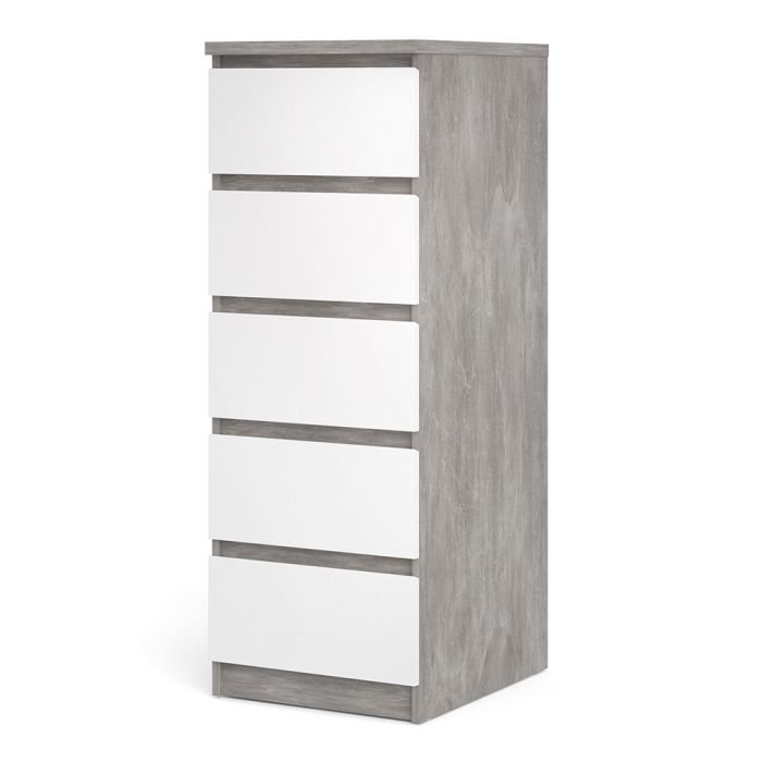 Naia Narrow Chest of 5 Drawers in Concrete and White High Gloss