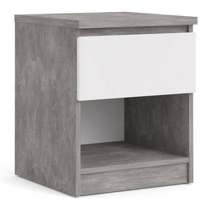 Naia Bedside 1 Drawer 1 Shelf in Concrete and White High Gloss