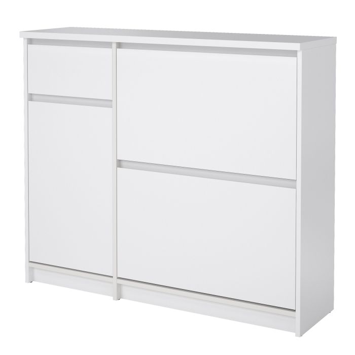 Naia Shoe Cabinet with 2 Flip Down Doors 1 Door and 1 Drawer in White High Gloss