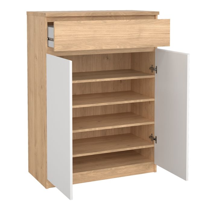 Naia Shoe Cabinet with 2 Doors 1 Drawer in Jackson Hickory Oak and White