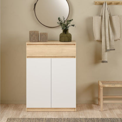 Naia Shoe Cabinet with 2 Doors 1 Drawer in Jackson Hickory Oak and White