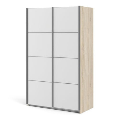 Verona Sliding Wardrobe 120cm in Oak with White Doors with 2 Shelves