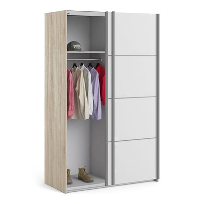 Verona Sliding Wardrobe 120cm in Oak with White Doors with 2 Shelves