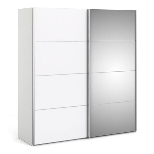 Verona Sliding Wardrobe 180cm in White with White and Mirror Doors with 2 Shelves