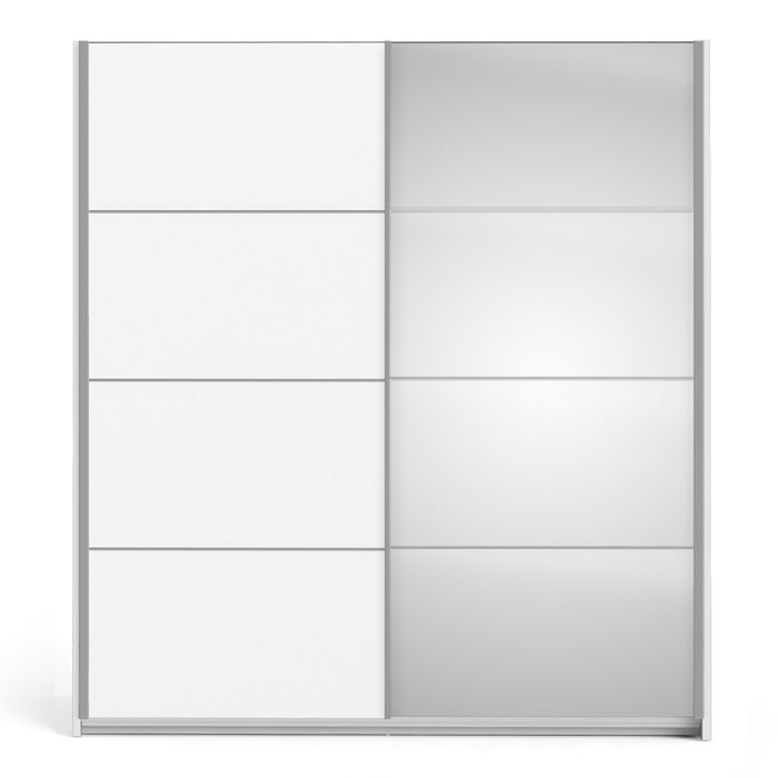 Verona Sliding Wardrobe 180cm in White with White and Mirror Doors with 2 Shelves