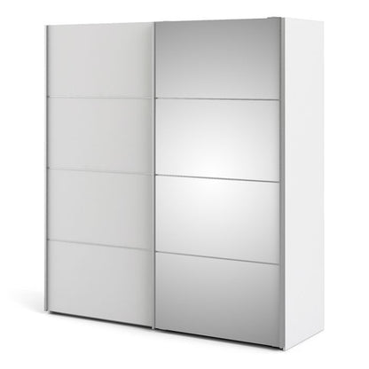 Verona Sliding Wardrobe 180cm in White with White and Mirror Doors with 2 Shelves