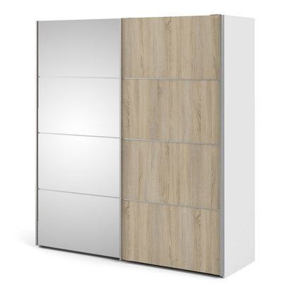 Verona Sliding Wardrobe 180cm in White with Oak and Mirror Doors with 2 Shelves