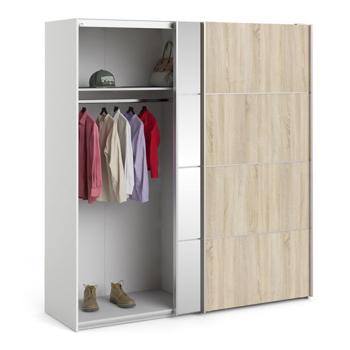 Verona Sliding Wardrobe 180cm in White with Oak and Mirror Doors with 2 Shelves