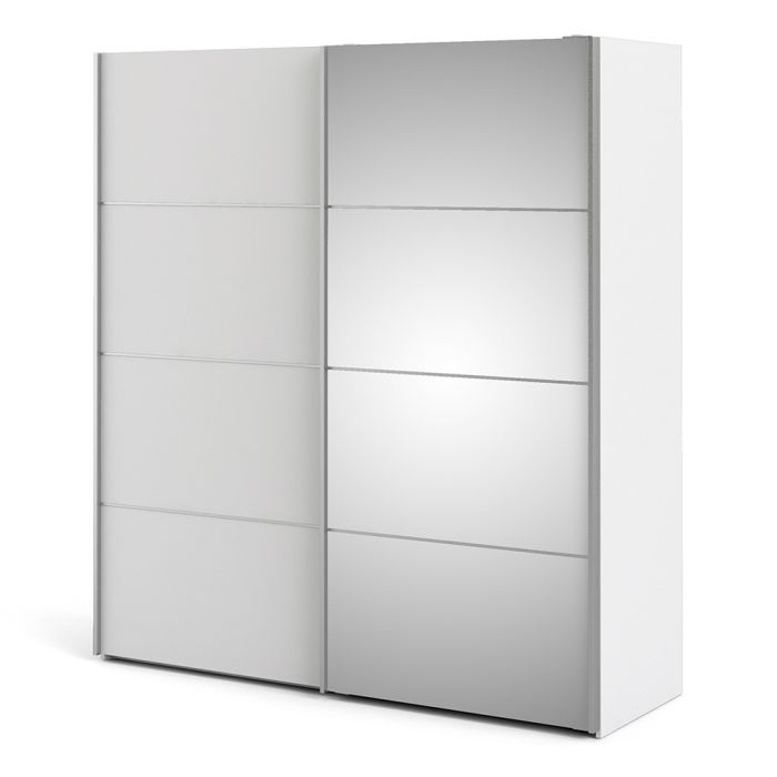 Verona Sliding Wardrobe 180cm in White with White and Mirror Doors with 5 Shelves