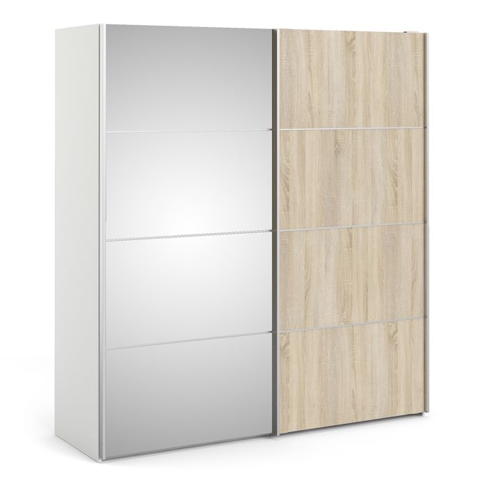 Verona Sliding Wardrobe 180cm in White with Oak and Mirror Doors with 5 Shelves