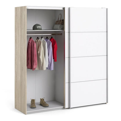 Verona Sliding Wardrobe 180cm in Oak with White Doors with 2 Shelves