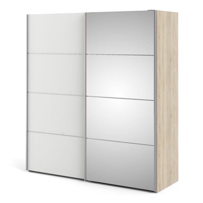 Verona Sliding Wardrobe 180cm in Oak with White and Mirror Doors with 2 Shelves