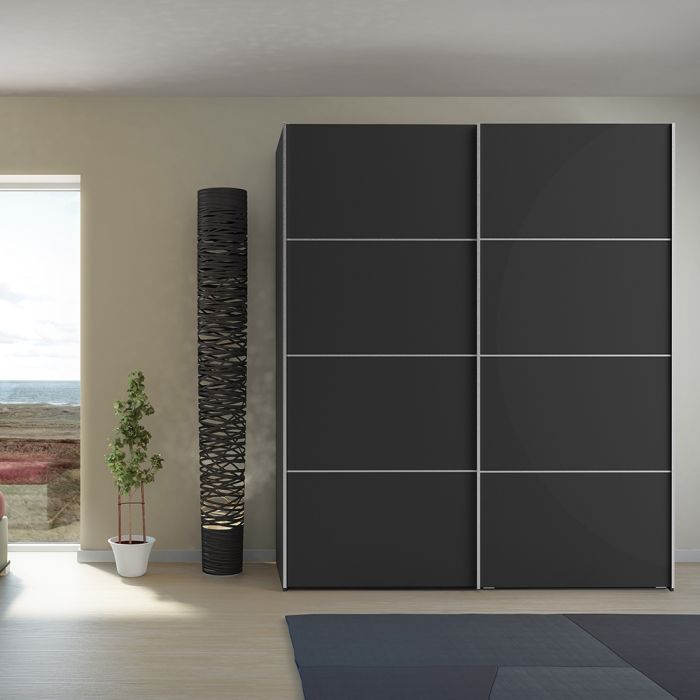 Verona Sliding Wardrobe 180cm in Black Matt with Black Matt Doors with 2 Shelves