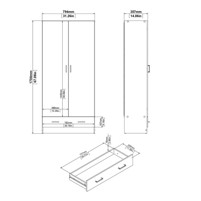 Space Wardrobe with 2 Doors + 1 Drawer in White 1750