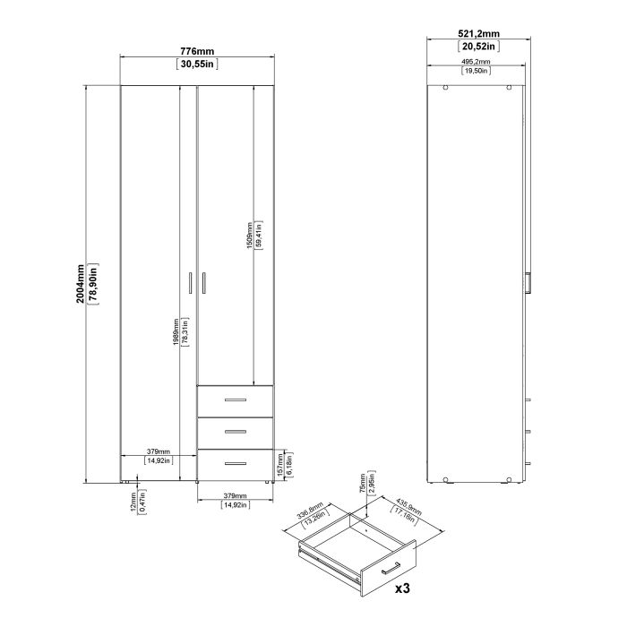 Space Wardrobe 2 Doors 3 Drawers in White 2000