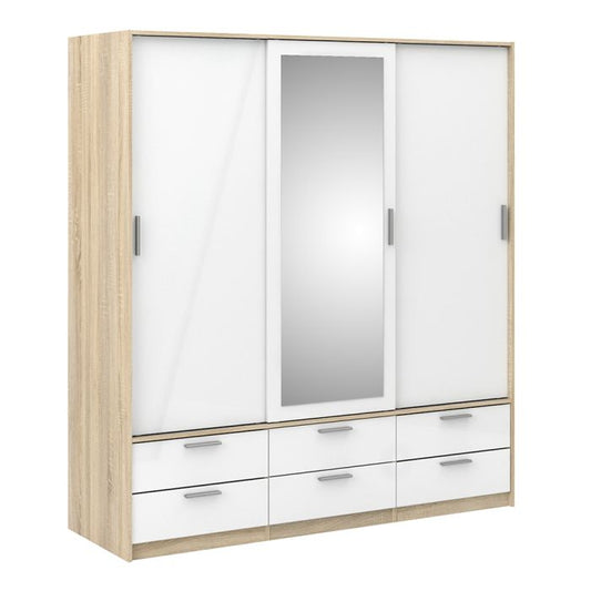 Line Wardrobe 3 Doors 6 Drawers in Oak with White High Gloss