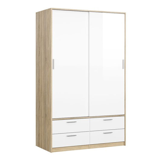 Line Wardrobe 2 Doors 4 Drawers in Oak with White High Gloss