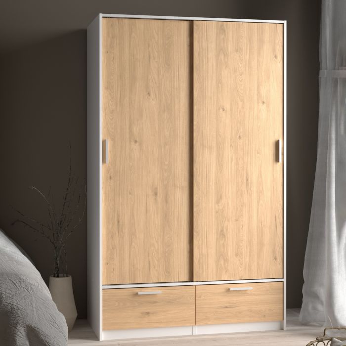 Line Wardrobe with 2 Doors 2 Drawers in White and Jackson Hickory Oak