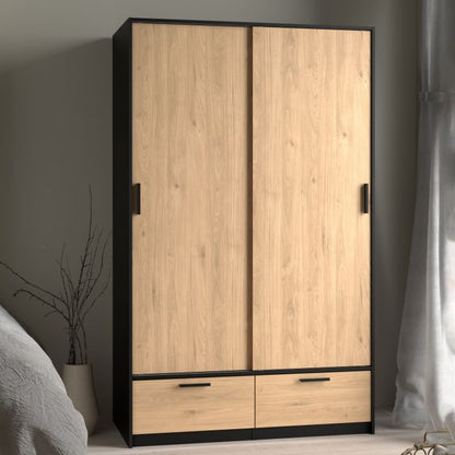 Line Wardrobe with 2 Doors 2 Drawers in Black and Jackson Hickory Oak