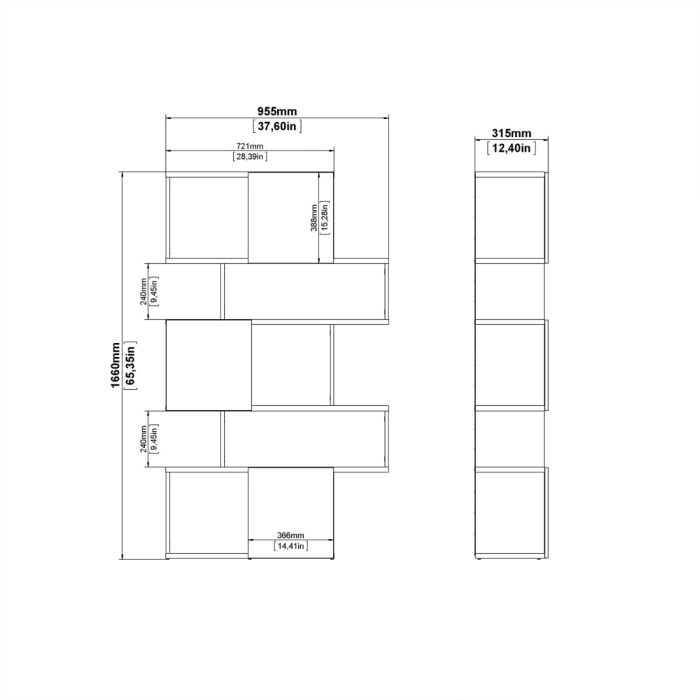 Maze Asymmetrical Bookcase with 3 Doors in Jackson Hickory and White High Gloss