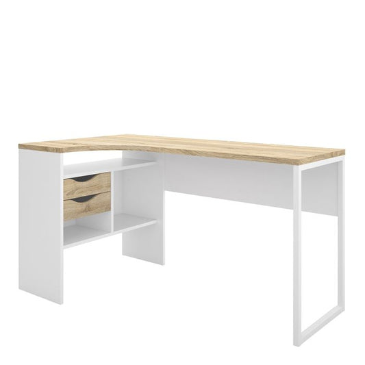 Function Plus Corner Desk 2 Drawers in White and Oak