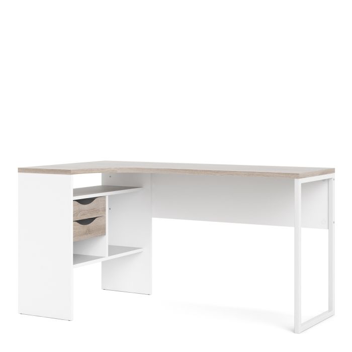 Function Plus Corner Desk 2 Drawers in White and Truffle Oak