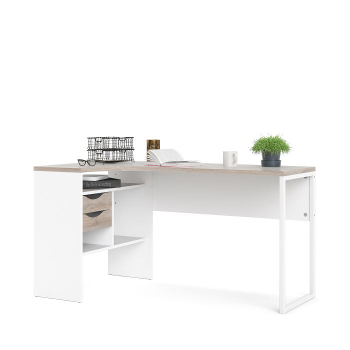 Function Plus Corner Desk 2 Drawers in White and Truffle Oak