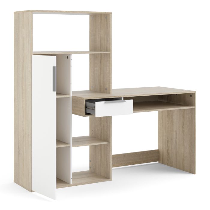 Function Plus Desk Multi Functional Desk with Drawer and 1 Door in White and Oak