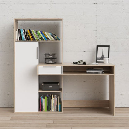 Function Plus Desk Multi Functional Desk with Drawer and 1 Door in White and Oak