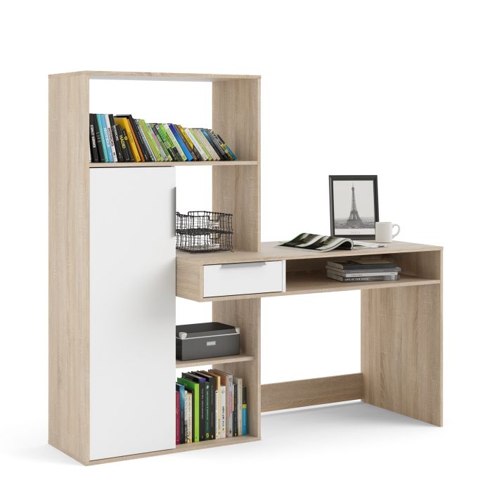 Function Plus Desk Multi Functional Desk with Drawer and 1 Door in White and Oak