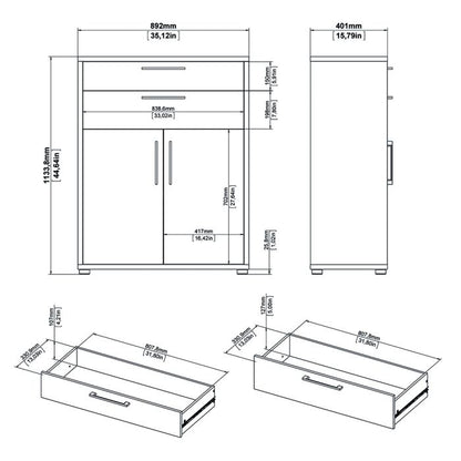 Prima Bookcase 3 Shelves with 2 Drawers 2 Doors In White