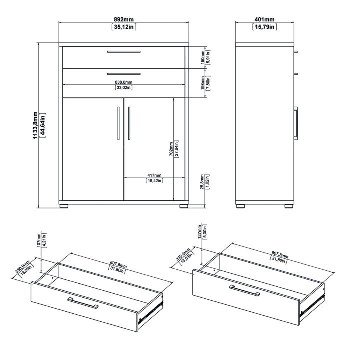 Prima Bookcase 3 Shelves with 2 Drawers 2 Doors In Black Woodgrain