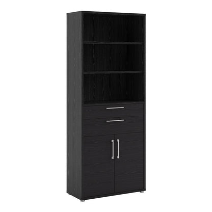 Prima Bookcase 3 Shelves with 2 Drawers 2 Doors In Black Woodgrain