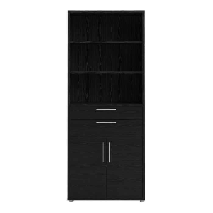 Prima Bookcase 3 Shelves with 2 Drawers 2 Doors In Black Woodgrain